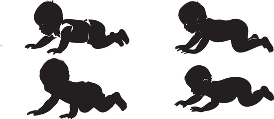 silhouettes of baby crawling in different way, isolated on white background