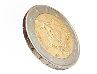 Closeup view of a 2002 Greek 2 Euro coin featuring the abduction of Europa by Zeus in the form of a bull, isolated on white background.