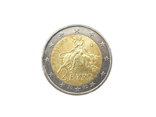 Top view of a 2002 Greek 2 Euro coin featuring the abduction of Europa by Zeus in the form of a bull, isolated on white background.
