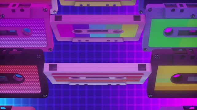 Audio cassette tapes different colorful colors, loop motion background