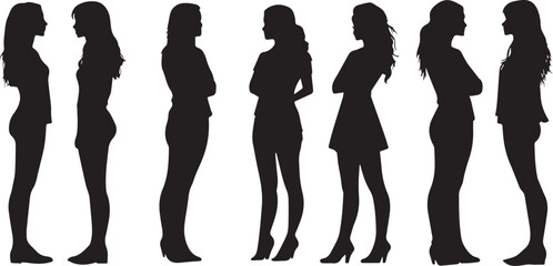 collection of pretty girls standing silhouette isolated on white background