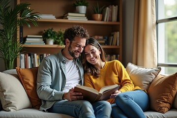 Obraz premium Couple working together to create a cozy reading nook in their new home