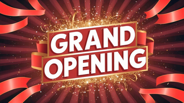 Grand opening white text banner circled with golden glitters confetti, elegant silk red ribbons on a vibrant red radial background, ceremony invitation or flyer design