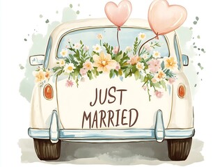 A vintage car adorned with balloons, flowers, and a "Just Married" sign drives away, symbolizing the joyful start of a couple's new journey together.