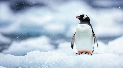 Obraz premium A gentoo penguin standing on ice surrounded by falling snow in the Antarctic region during winter