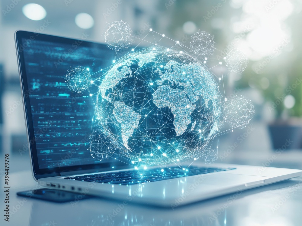 Poster global network technology with laptop and mobile phone showing digital world map and data connection