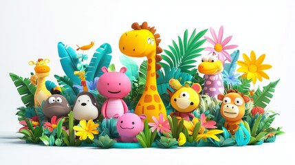 Obraz premium Cartoon Animal Friends in a Tropical Garden