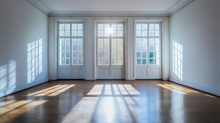 Fototapeta premium Sunlight in room interior, empty space with window, wooden parquet floor, modern apartment design, minimalist home backdrop, elegant white walls, bright contemporary living area