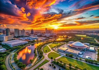 Obraz premium Stunning Aerial View of Mall of Asia in Pasay City, Philippines with Beautiful Sunset Sky Background