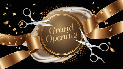 Scissors cutting a golden ribbon and circle badge banner with Grand Opening in classy typography, scattered confetti, swirl of silk, all set against a deep black background, elegant, luxurious, flyer