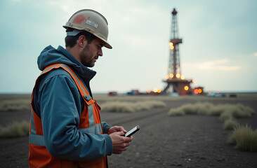 Oil worker in work clothes and helmet near oil rig, drilling station against sky background at sunset. Worker oil and gas production