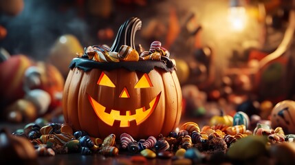 A vivid display of a pumpkin bucket and assorted candies, evoking the spirit of a Halloween party