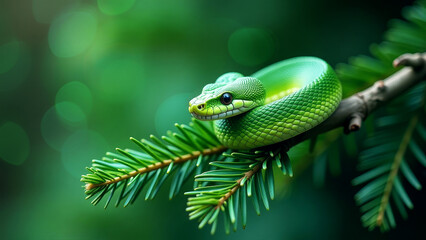 Green snake on a spruce branch close-up,, blurred background, copy space. Symbol of new 2025. Background for new year