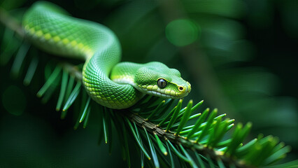 Fototapeta premium Green snake on a spruce branch close-up,, blurred background. Symbol of new 2025. Background for new year