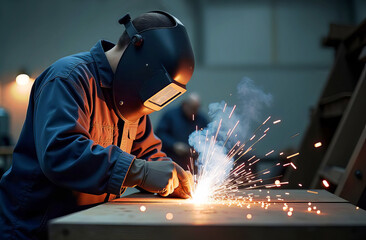 Welder at work. A metal worker welds metal parts at a factory