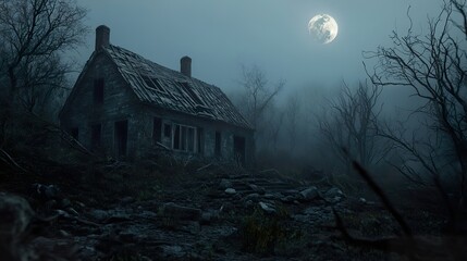 Abandoned house with boarded windows, surrounded by dead trees and a dense, misty atmosphere under a pale moon.