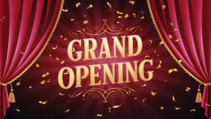 A vibrant grand opening banner poster with a rich red curtain adorned with shining golden stars, ornate line frame, on a deep red radial background perfect for a festive event, ceremony invitation