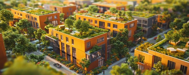 Naklejka premium Blueprint for a sustainable urban redevelopment project, showcasing mixed-use buildings with green roofs and energy-efficient systems