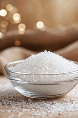 Freshly harvested sea salt in a glass bowl with rustic background and scattered grains
