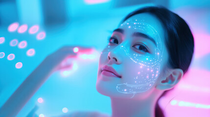 Futuristic portrait with digital face map on neon blue and pink background. high-tech style featuring advanced light effects. concept of innovation and technological advancement