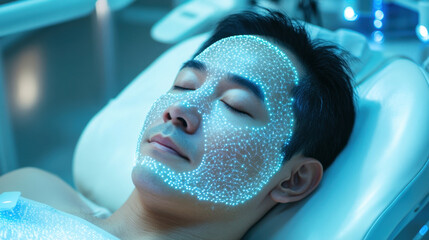 Digital facial mapping on human face with blue grid light background in a modern medical setting. concept of advanced technology in dermatology and cosmetic procedures