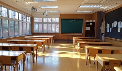 Empty classroom with desks, chairs, chalkboard, and windows. Concept of education, learning, teaching, and school