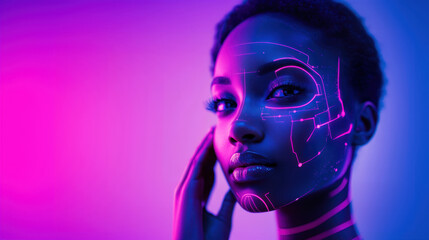 Futuristic portrait of woman with digital facial patterns on neon gradient background in cyberpunk style. concept of technology innovation and digital identity.