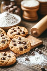 Fototapeta premium Warm chocolate chip cookies on a wooden board with baking supplies and festive decorations