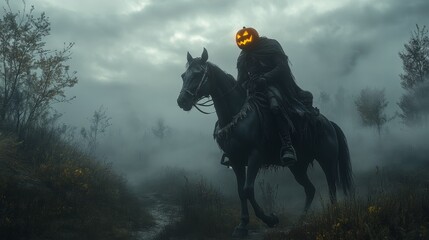 Obraz premium The Headless Horseman: Headless Horseman, a jack-o-lantern as his head, riding a black horse through a dark, foggy forest. 