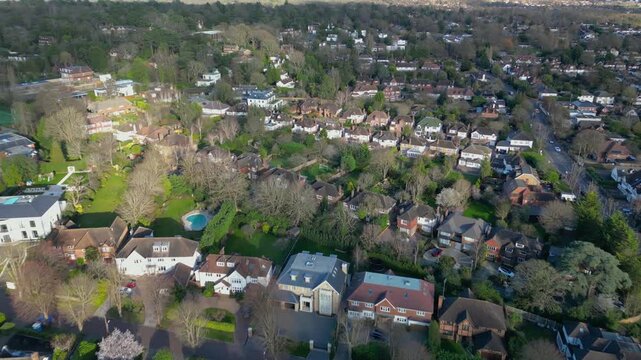 The drone aerial footage of residential area of  Coombe, Kingston Upon Thames. Coombe is a historic neighbourhood in the Royal Borough of Kingston upon Thames in south west London, England.