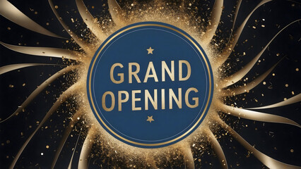 A vibrant grand opening banner adorned with golden stars and a striking circular design, on abstract dark background with stars, celebration, premium design illustration for wedding and vip template