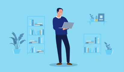 Man with computer in office - Casual businessperson characters standing indoors holding laptop in hands and smiling while working. Flat design vector illustration with blue background