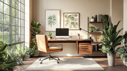 A home office with sustainable furniture, energy-saving lighting, and a focus on natural, eco-friendly materials