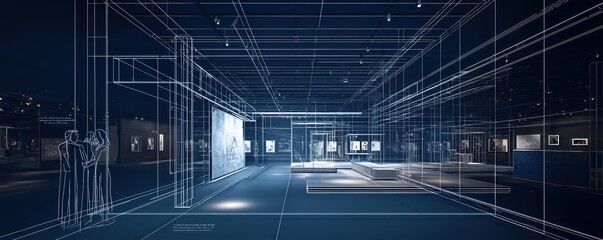 Blueprint of a dynamic art installation space, designed to adapt to various exhibitions and performances with modular structures