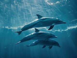Group dolphins swimming gracefully underwater, illuminated by sunbeams penetrating the surface, creating a serene and beautiful scene.