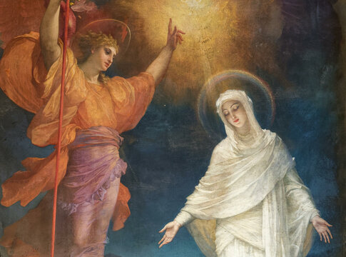 Painting of Annunciation to the Blessed Virgin Mary by the Archangel Gabriel. .