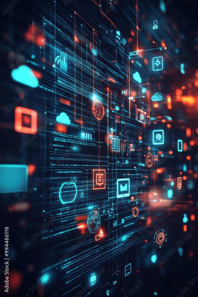 Poster modern digital interface with glowing data icons representing cloud computing and communication tech