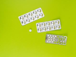 Pill Blister on Color Background, Silver Medicine Capsule Package, Drugs Packaging, Pill Pack