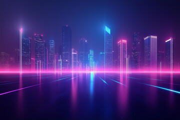 A sleek, glowing neon cityscape in the distance with geometric skyscrapers, minimalist neon lights in blue and pink, Simple dark sky with subtle fog