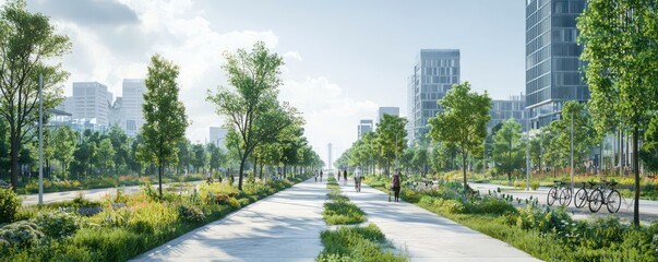 Blueprint of a green city corridor, integrating pedestrian pathways, bicycle lanes, and extensive plantings to reduce urban heat island effect