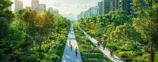 Blueprint of a green city corridor, integrating pedestrian pathways, bicycle lanes, and extensive plantings to reduce urban heat island effect