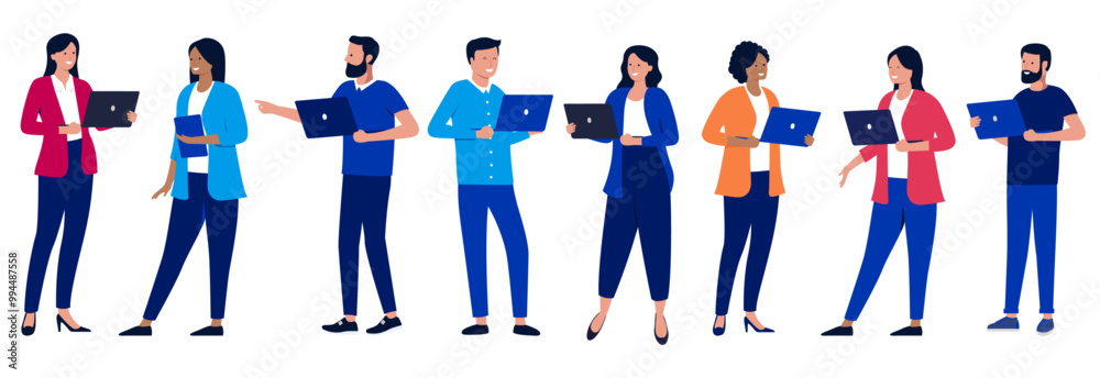 Poster vector people with computers collection - set of illustration with business characters, men and wome