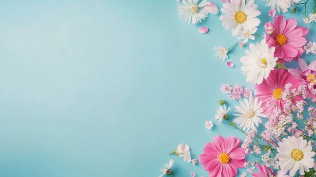 A colorful arrangement of pink and white flowers on a blue background for spring celebration