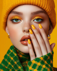 portrait of a woman in autumn attire with orange manicure and makeup