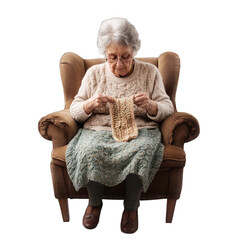Senior Lady Engrossed in Knitting Activity While Sitting in Armchair. Isolated on a Transparent Background. Cutout PNG.