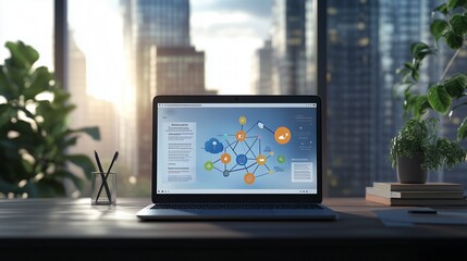 A sleek laptop displays a vibrant cloud computing diagram in a modern, minimalistic office.