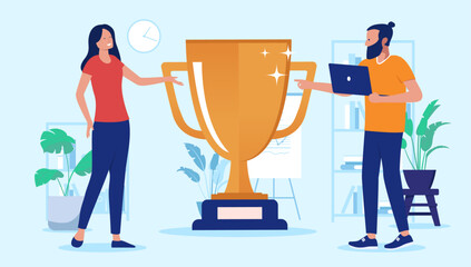 Business people with trophy cup - Man and woman in office winning award for being great and accomplish achievement. Flat design vector illustration