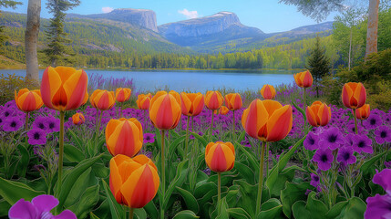 Vibrant pink and yellow tulips bloom against green foliage, with a blue lake and clear sky in the background, surrounded by purple petunias.
