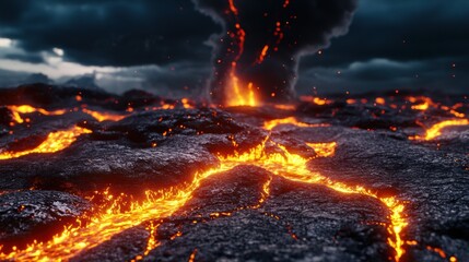 Erupting Volcano with Flowing Lava and Dark Clouds