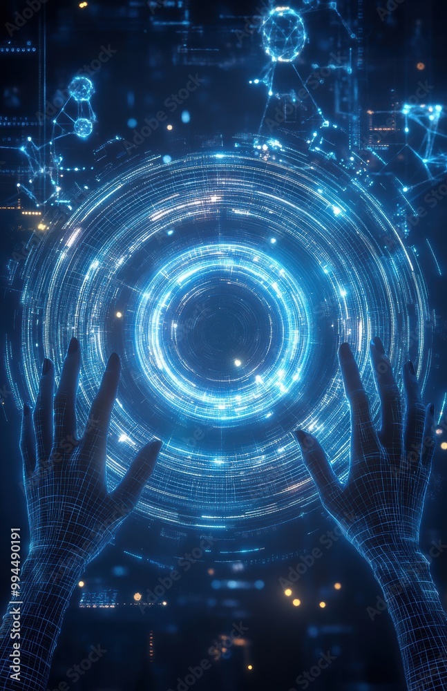 Poster digital wireframe hands reaching towards a glowing vortex of data and light, symbolizing technology 